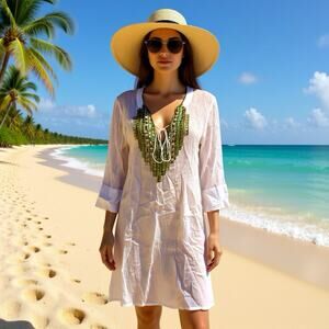 Yuka Beach Sequins Beaded Dress Swim Cover Up Cotton Light Bohemian Romantic M
